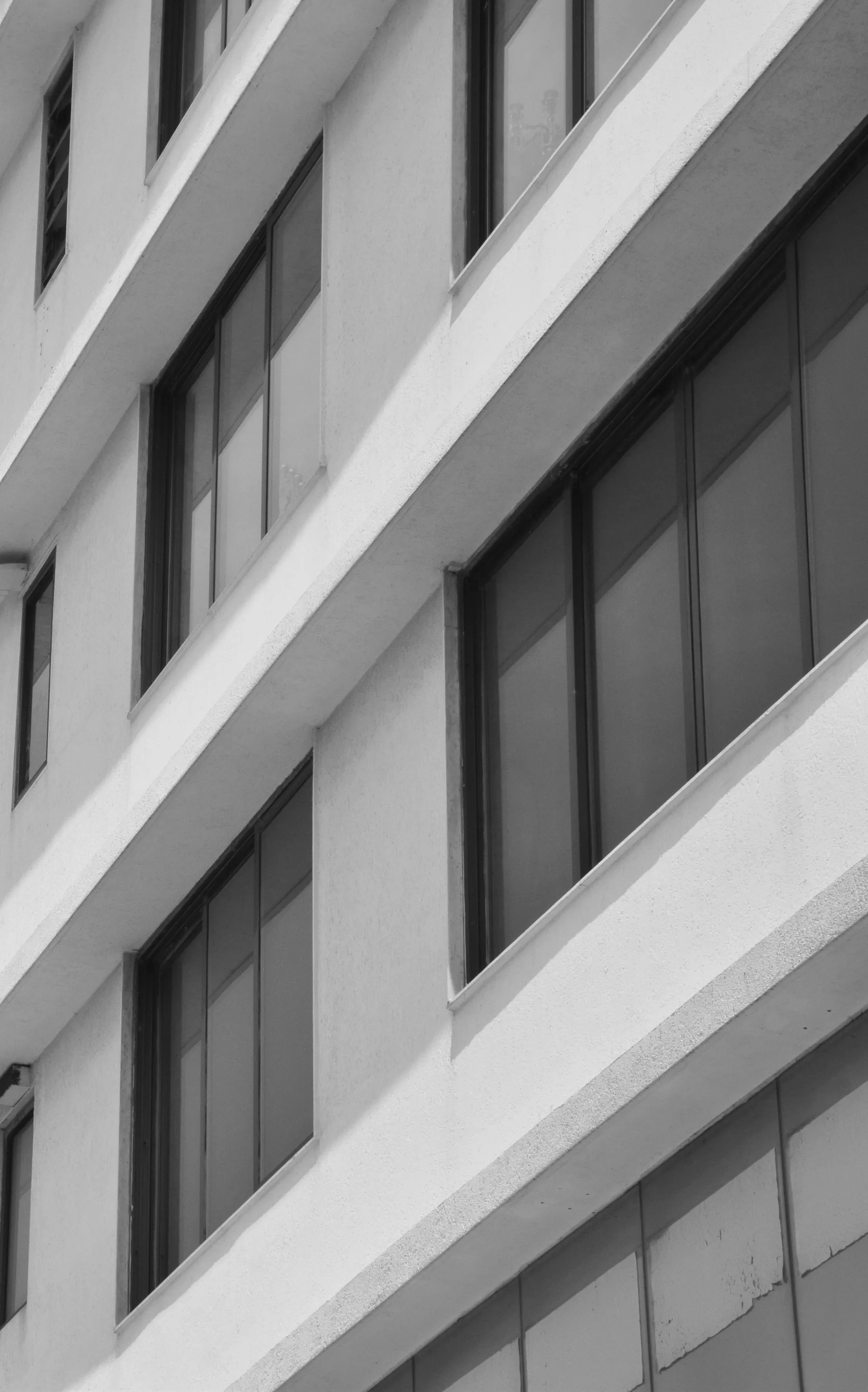 Rows of windows across a school building, in black and white